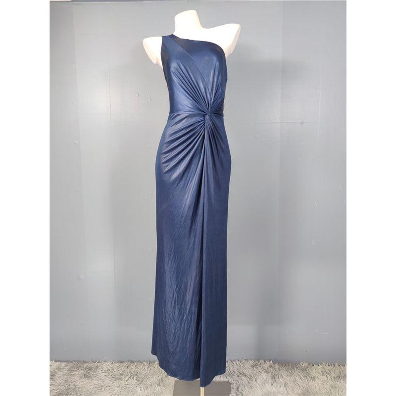 

Foreign Trade Order Ad Home One-Shoulder Oblique Collar Banquet Party Stage Wedding Sexy Lady Temperament Pleat Split Dress Navy blue XL