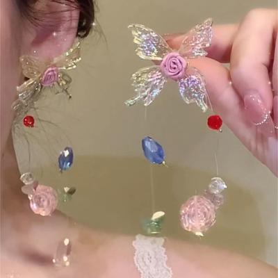 Color Butterfly Flower Glass Fringed Earrings, Fresh and Sweet Exquisite Stud Earrings, Fashionable and Versatile Niche Earrings