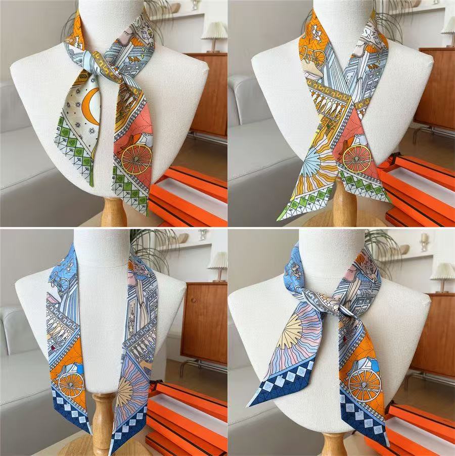 Exotic Printed Silk Scarf For Bags Hair Ties Double-Sided Slanted Edge Narrow Strip Multipurpose Simulation Satin Ribbon