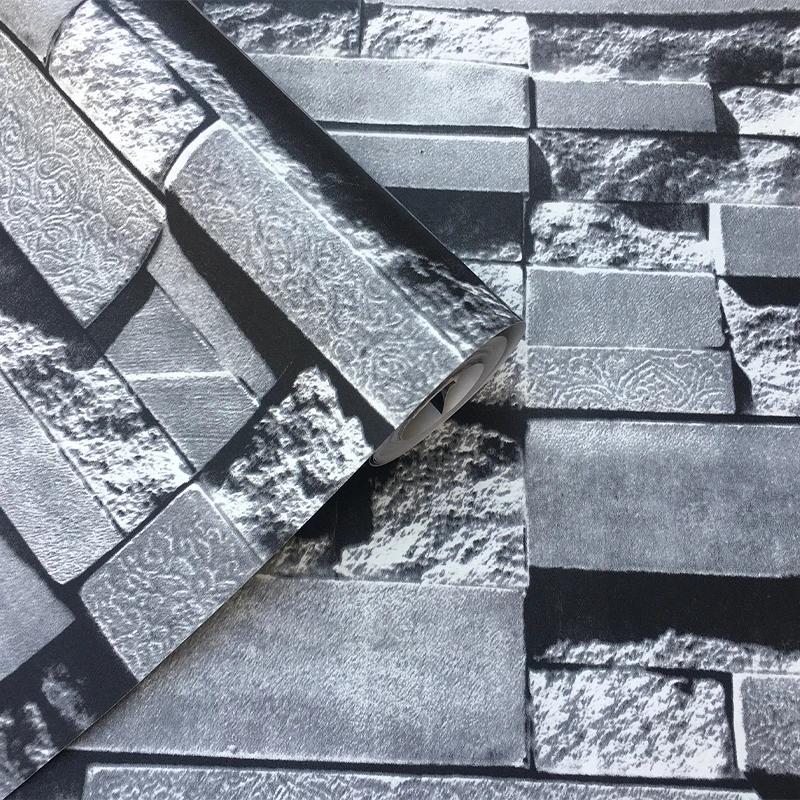 Slate Stone Brick Effect Washable Vinyl PVC Wall Paper Living Room Background Wallcovering Wallpaper Black Grey Stacked Brick