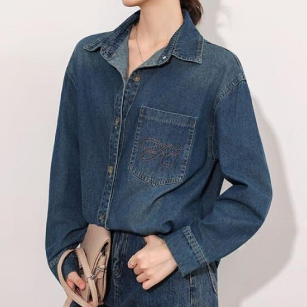 Navava Women Vintage Casual Denim Long Sleeve Shirt Nb2997