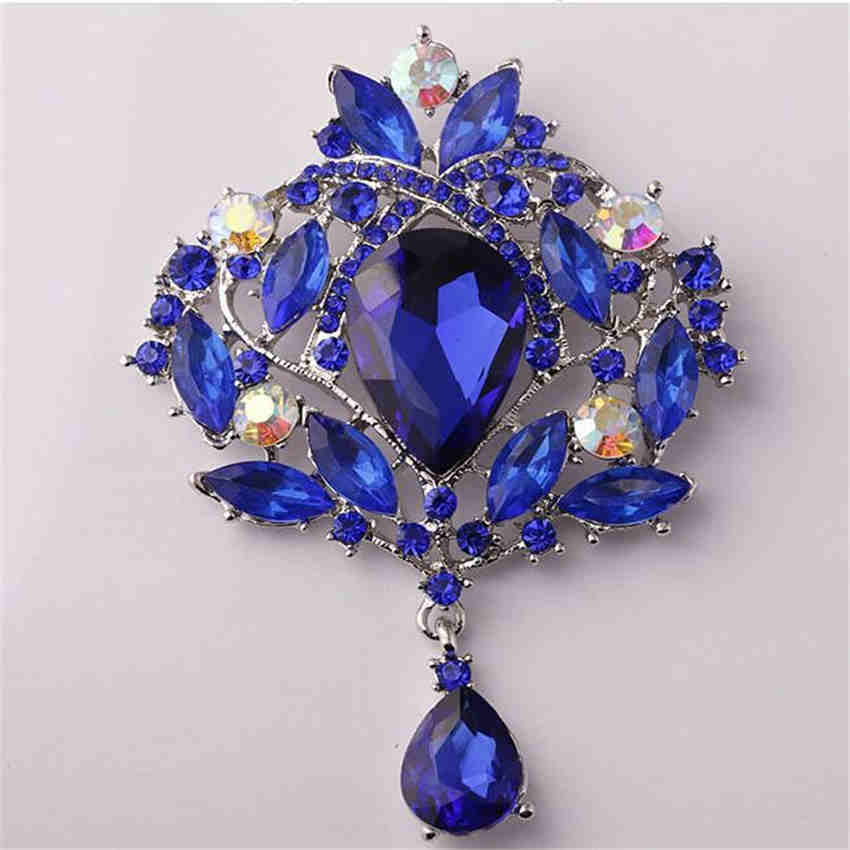 Fashion Females Glass Teardrop Pendant Gorgeous Flower Shape Large Drop Brooch Pin