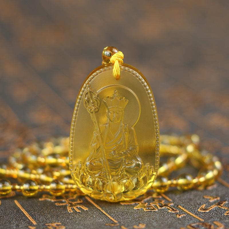 Ksitigarbha Bodhisattva Yellow Glaze Pendant Necklace for Men: Buddha Statue Jewelry Accessory