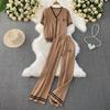 Summer Women Camellia Beading Knitted Sweater Tracksuit Short Sleeve V-neck Jacket Top and Ankle Length Pant Two Piece Set