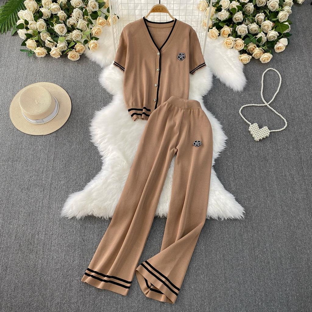 Summer Women Camellia Beading Knitted Sweater Tracksuit Short Sleeve V-neck Jacket Top and Ankle Length Pant Two Piece Set