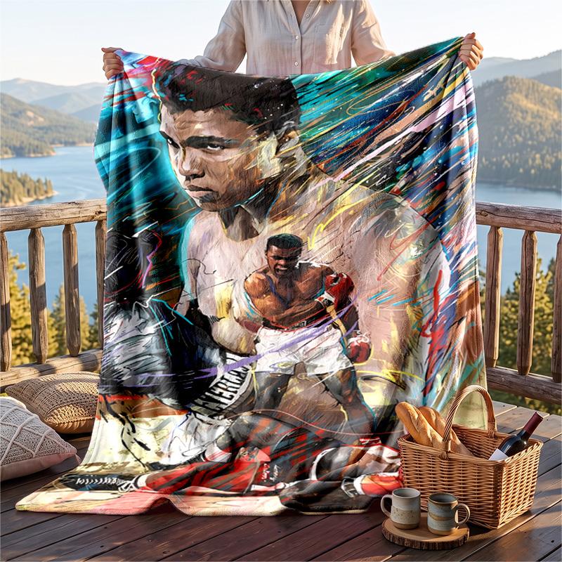 Warm Flannel Blanket Muhammad Ali Pattern, Lightweight Comfortable Throw Blanket for Bed Sofa Use