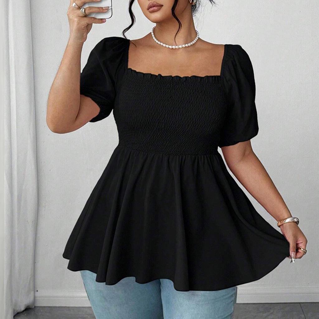 Plus Size Women's Smocked Waist Peplum Top Square Neck Puff Sleeve Casual Blouse Lightweight Comfortable Soft Fabric