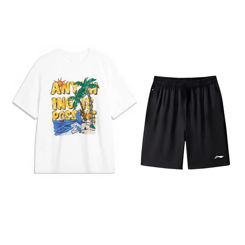 

Li-Ning Summer Beach Fashion Printed Comfortable Crew Neck Pullover Short Sleeve T-Shirt Casual Sports Set Unisex Tops AHSU707-2+AKSV843-1 XL