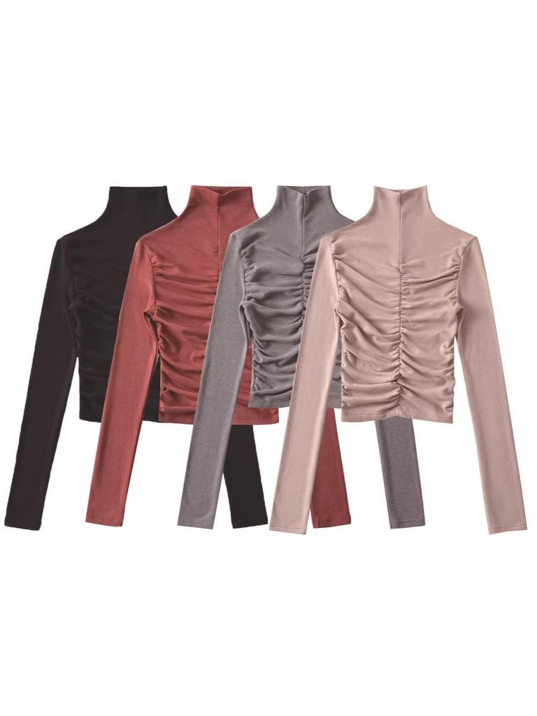 High Neck Pleated Design Waist-Cinching Long Sleeve T-Shirt for Women - Autumn/Winter