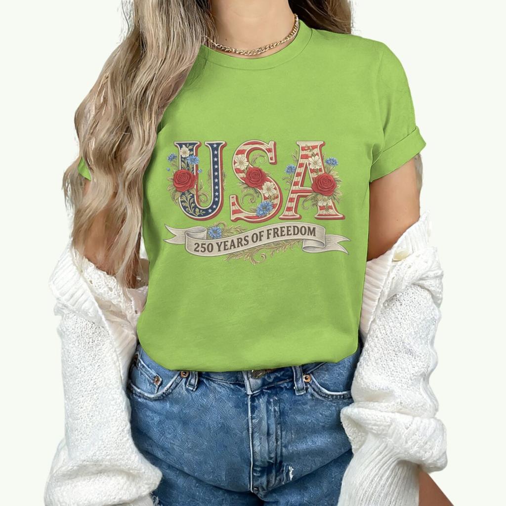 Causal 250th Anniversary Floral USA T-Shirt Women Retro Patriotic Rose Daisy Flowers Tee Fashion Independence Day 2026 Shirt