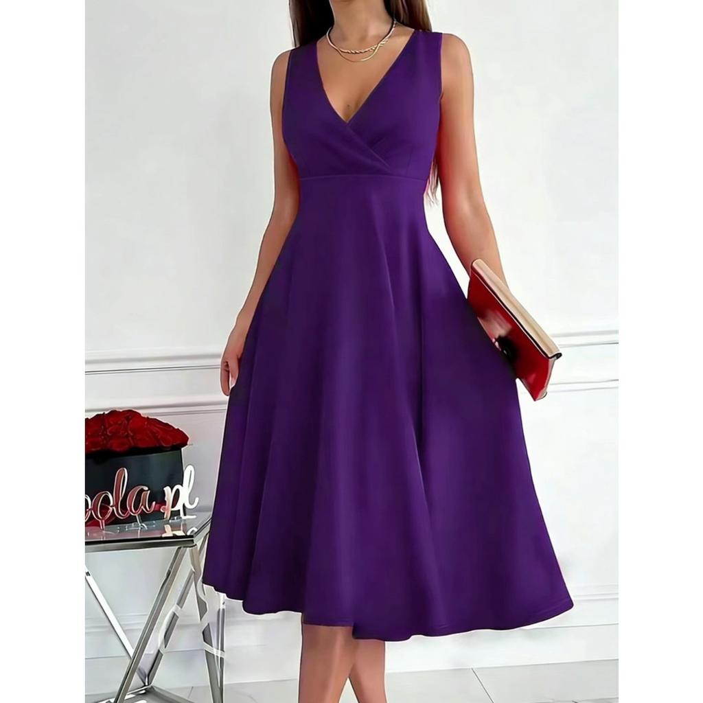 Women's Sleeveless V-Neck Wrap Front Cocktail Midi Dress
