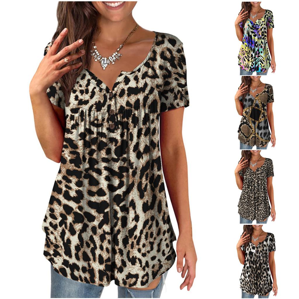 Women's Short Sleeve Shirts Ruffle Tops Loose Tops Casual Oversized Tops Pleated Tops Button Down Casual Summer Leopard Print Tops
