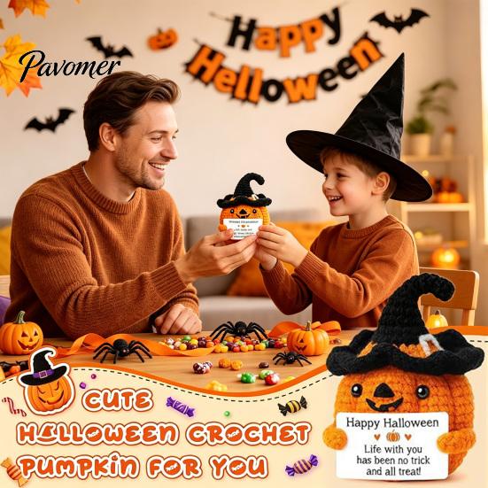 Hand Crocheted Seasonal Gift Handmade Crochet Positive Pumpkin with Witch Hat, Fall Boo Basket Stuffer, Woolen Ornament Mini Knitted Plush Figurine,