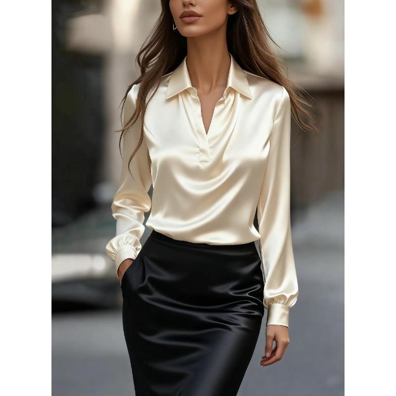 

New Autumn Fashion Commuting Satin V-Neck Long Sleeve Shirt Women s Clothing XXL абрикосовий