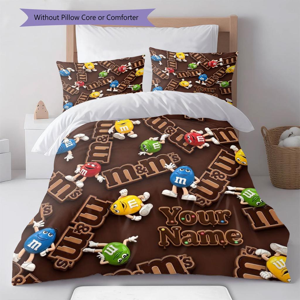 M&M's Bettwäsche mit individuellem Namensmuster, Steppbett-Set, Bettbezug, Kissenbezug, Heim-Geburtstagsgeschenk(1 Bettbezug + 2 Kissenbezüge, ohne Füllung)