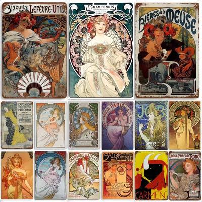Poster Alphonse Mucha Pin Up Girls Segno di Latta in Metallo Arte Pittura Piatti Decorativi da Parete per Bar Caffè Soggiorno Decorazione Murale Domestica