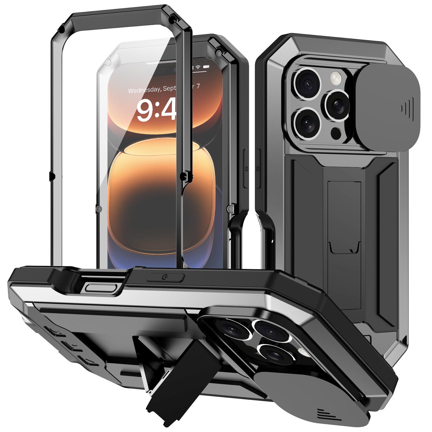 

R-JUST For iPhone 16 Pro Max Kickstand Case Silicone+Metal+PC+Tempered Glass Screen Film Phone Cover Black