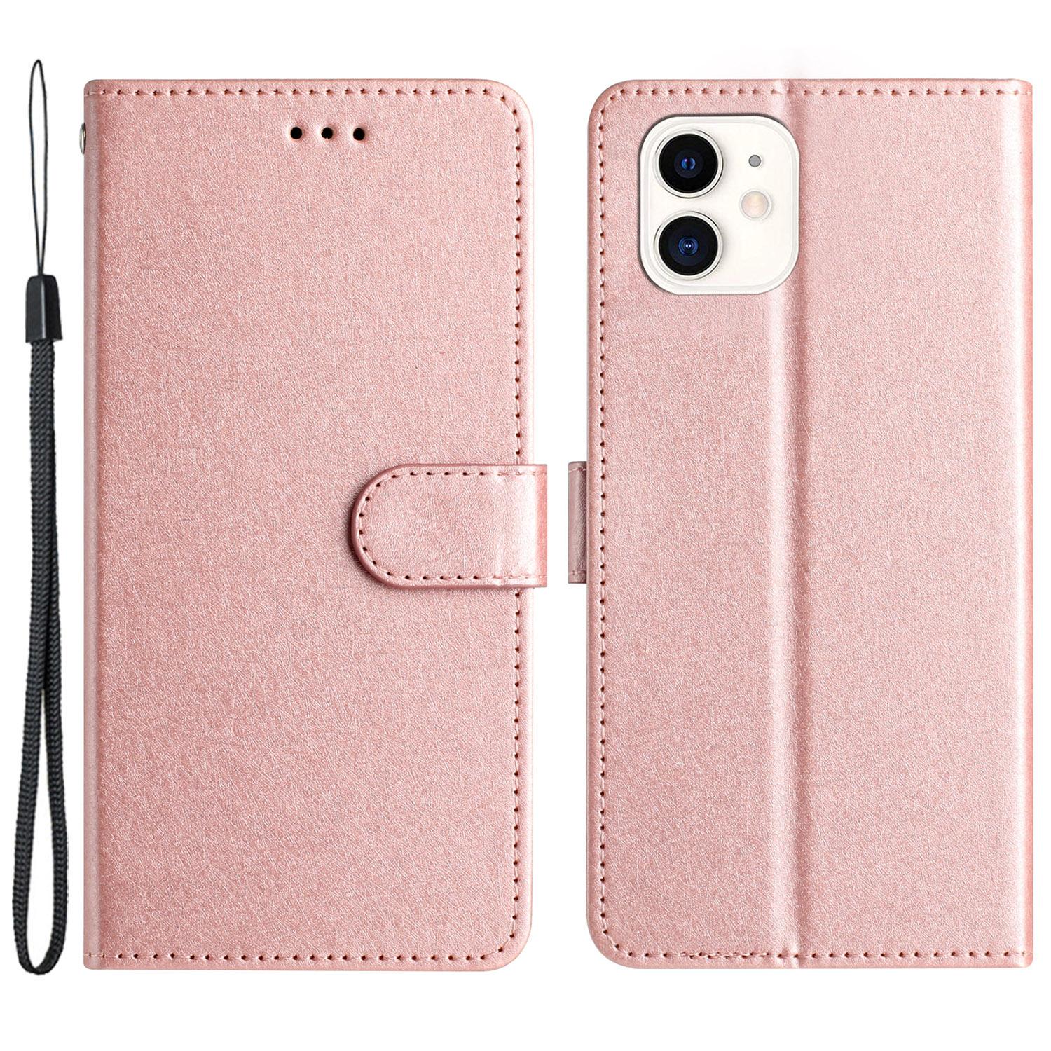 

Wallet Stand Case for iPhone 12 mini 5.4 inch Silk Texture PU Leather Phone Cover with Wrist Strap Rose Gold