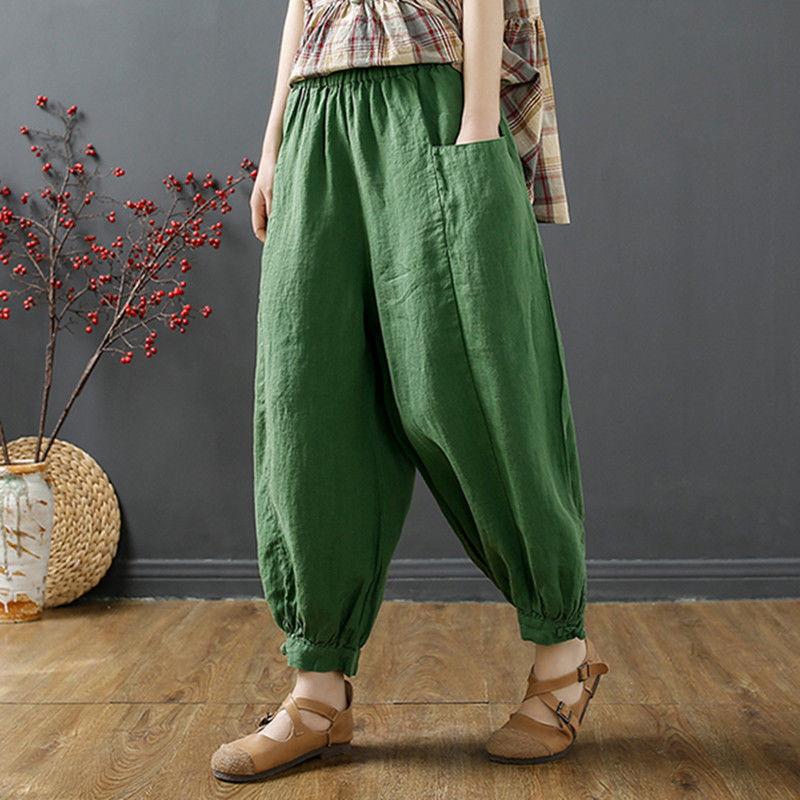 Culottes en Coton et Lin pour Femmes, Nouveau Style d'Été Pantalon Mi-long, Couleur Unie Décontracté Ample Pantalon Harem