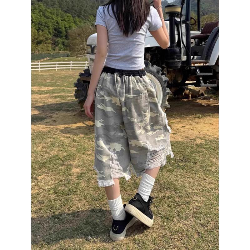 Womens High Waisted Camo Denim Capri Pants Loose Straight Leg Vintage Ripped Patchwork Jeans Casual Streetwear