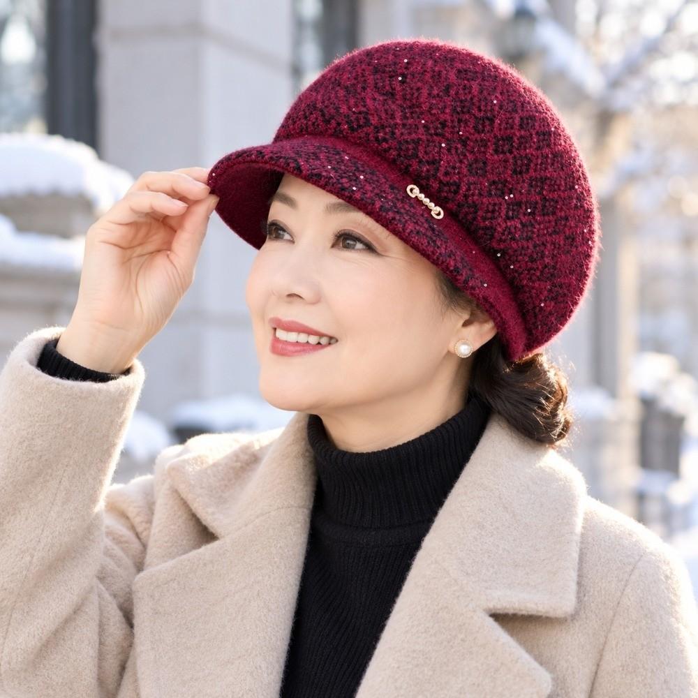 Short Brim Design Winter Brimmed Hat Fleece Lined Beanie Senior Women Daily Wear