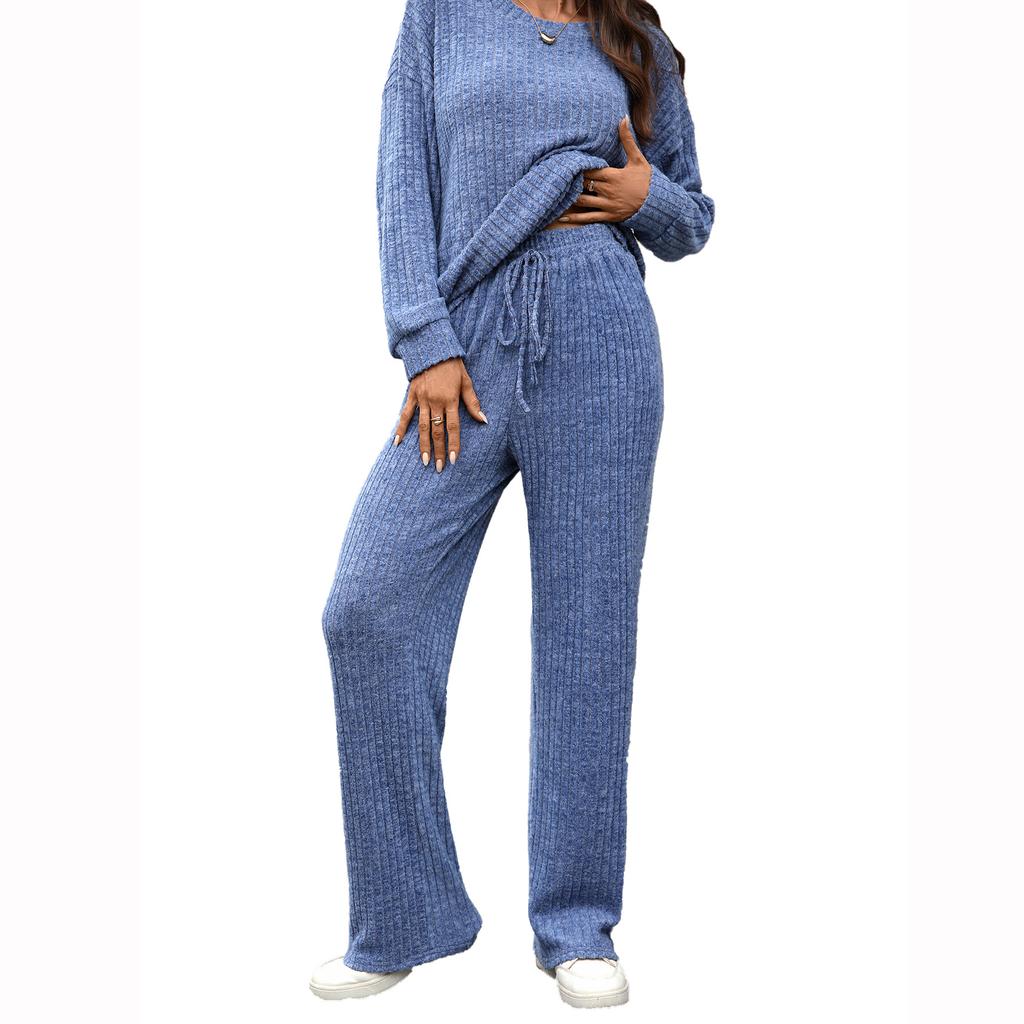 New Round-neck Knitted Long-sleeved, Brushed Casual Long-sleeved and Long Pants Home Wear Set