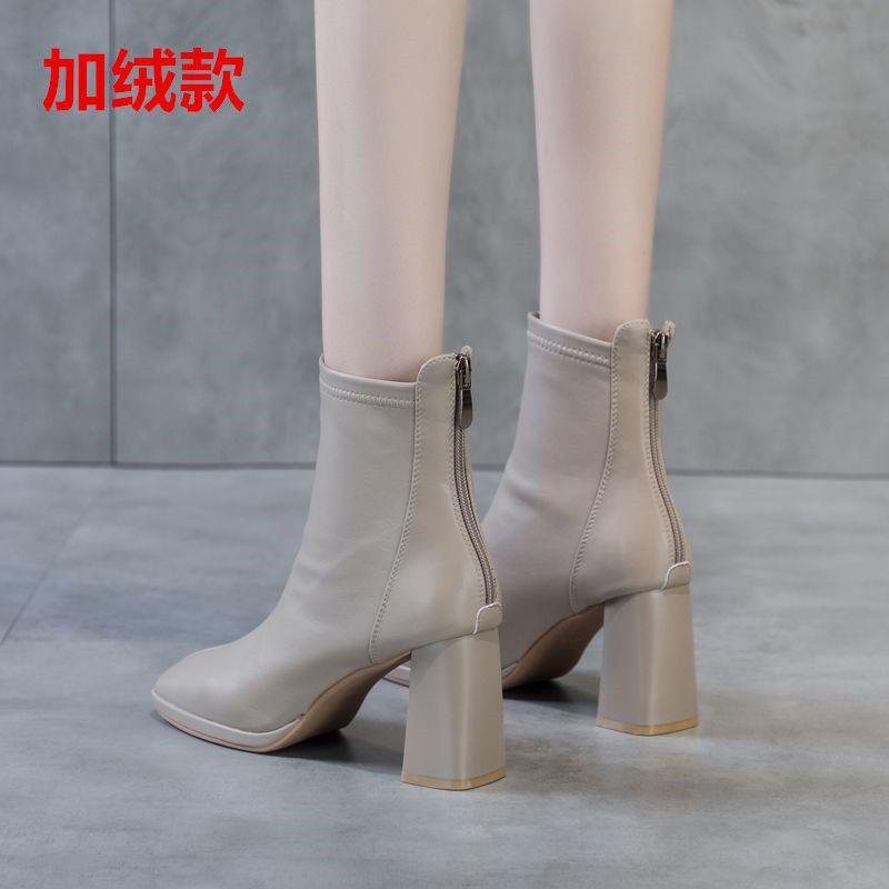 2025 Autumn and Winter New Soft Leather Short Boots British Style Square Head Thick Heel Elastic Thin Boots Female Internet Celebrity High Heel Women'
