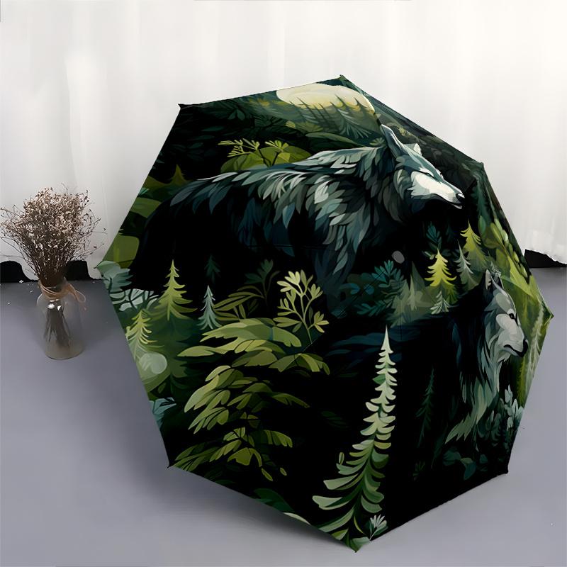 1pc Two Wolves In the Forest Automatic, Cute Cartoon Pattern, Portable Outdoor Umbrella, Perfect, Holiday Gift for fans.C037