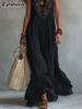 Abito Lungo Nero con Patchwork di Pizzo e Spalline Sottili Stile Vacanza Ampio Abito Maxi