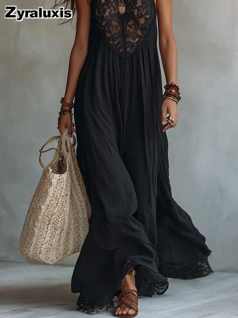Abito Lungo Nero con Patchwork di Pizzo e Spalline Sottili Stile Vacanza Ampio Abito Maxi