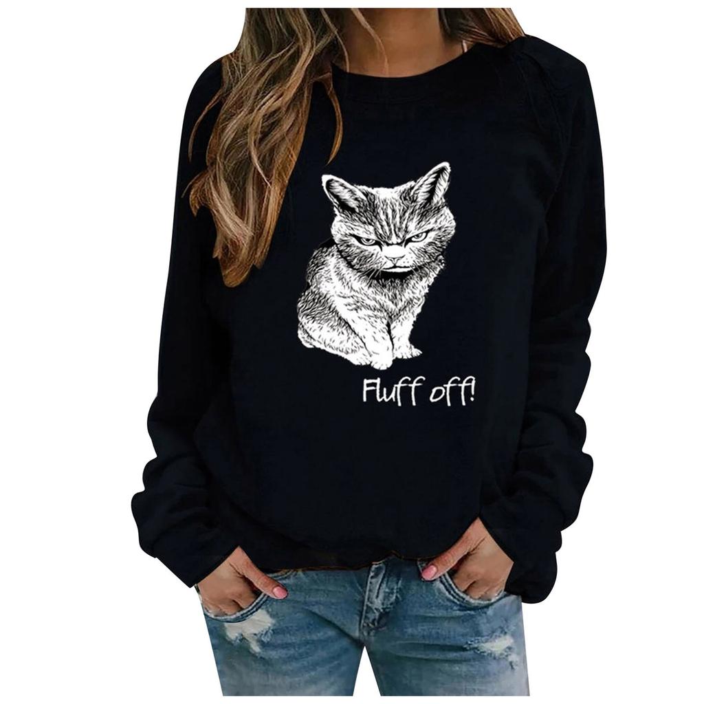 Womens Fashion Leisure Cat Print Long Sleeve Round Neck Casual Loose Tops