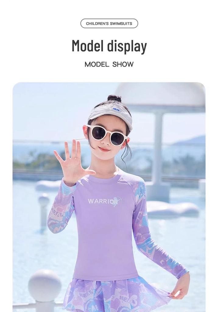 HuiLi 2025 Girls' Long-Sleeve Two-Piece Swimsuit Set for Middle School Students