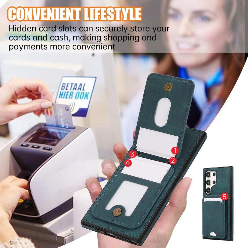 For Samsung Galaxy S24 Ultra Case Card Holder Kickstand Leather+TPU Phone Cover with Shoulder Strap