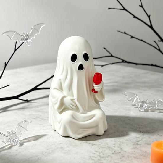 Interesting Party Supplies for Adults 3D Printed Ghost Figurine with Wine Glass, Funny Halloween Desktop Dark Style Decorations Decor Statue, Novelty