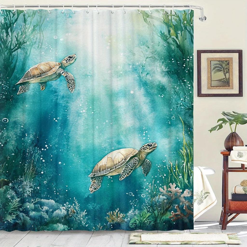 Turtle pattern waterproof bathroom partition, polyester, with hooks, machine washable, suitable for hotel bathroom space