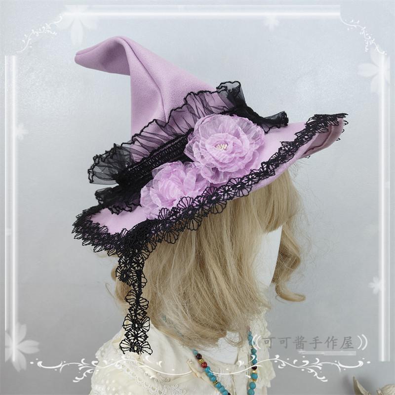 Lolita Goth Rose White Burgundy Hat for Women Multi-color Original Pointed Witch Hat Halloween Wizard Hats