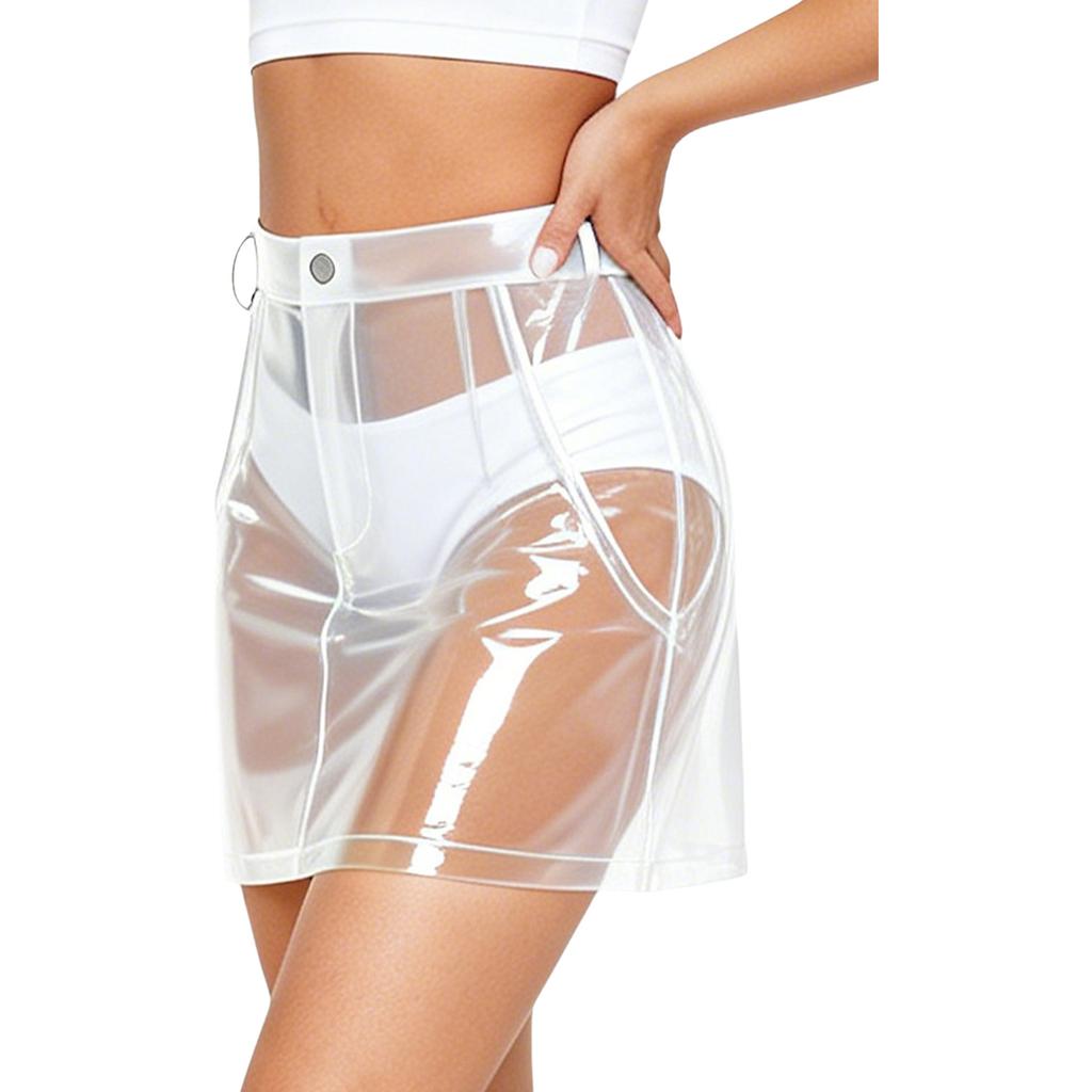 S-XXL Women Clear PVC High Waist Bodycon Mini Skirt with Side Pockets Transparent Cover Up for Swimsuit Beach Clubwear