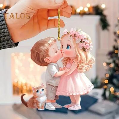Couple Lover Pendant Boy Girl Kiss Hanging Pendant 2D Acrylic Keychain Car Interior Decoration Backpack Charm Creative Gift for Birthday Valentine's