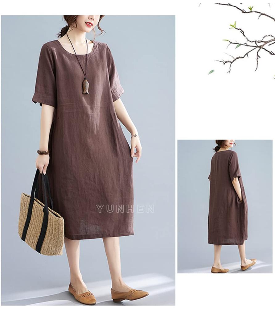 YUNHEN Summer Short Sleeve Loose Solid Plus Mori Girl 9 Women's Dress, Mid-Length, Fit, Color, Sizes, Style, Cotton/Linen, Figure-Flattering (Color