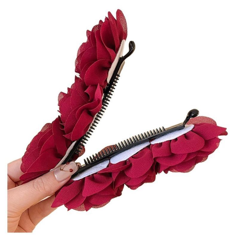 Vintage Large Solid Color Banana Hair Clip Soft Cloth Floral Non-slip Ponytail Holder for Girls Casual Daily Wear
