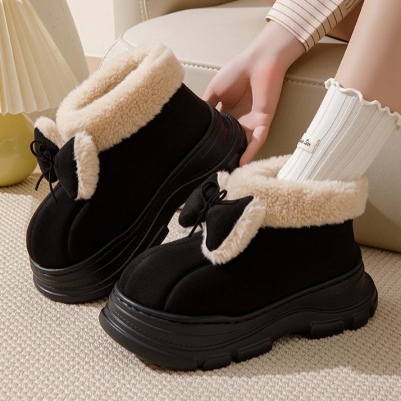 Thick Soled Butterfly Knot Women Cotton Shoes Winter  Warm Furry Outdoor Non Slip Platform Faux Fur Street Girl Snow Boots