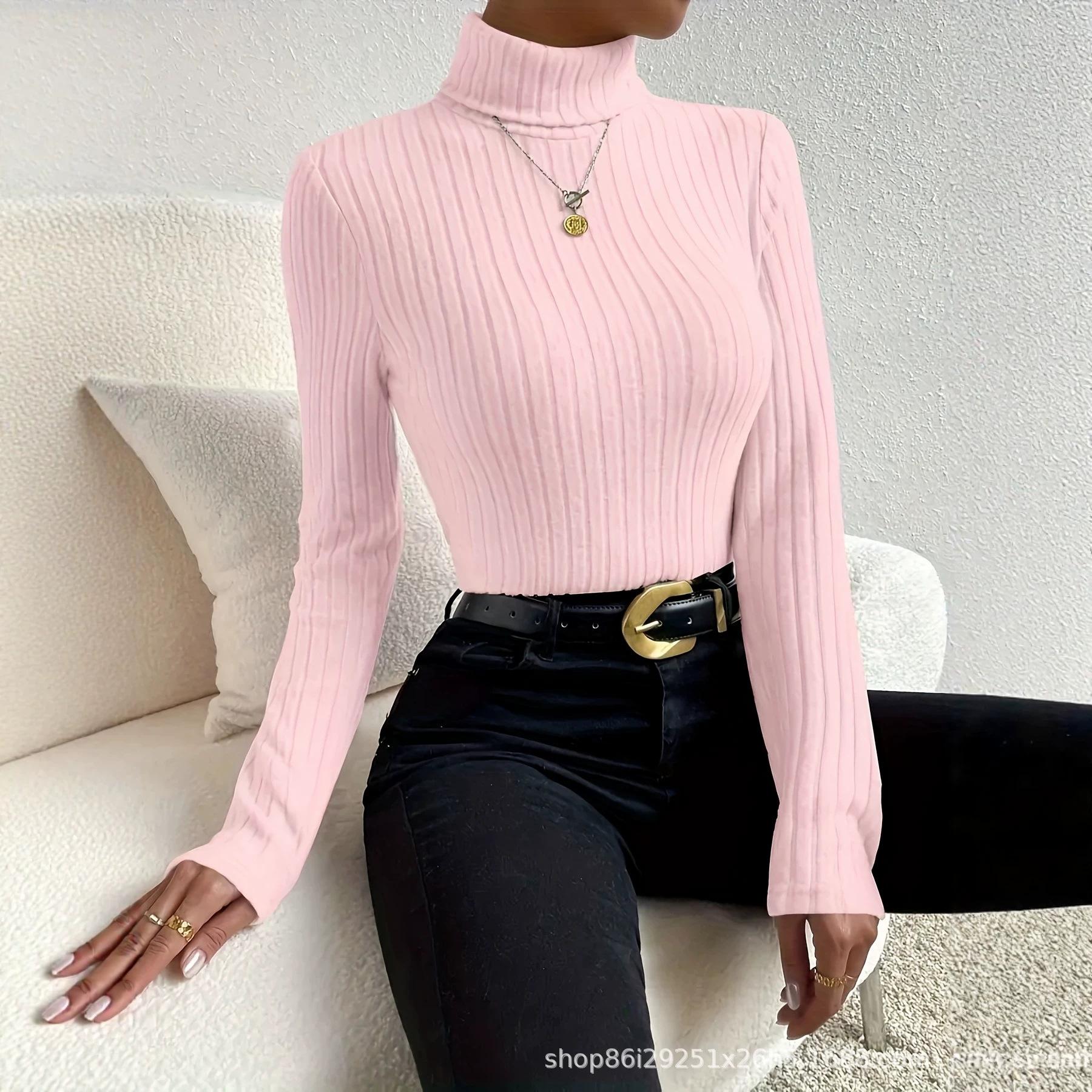 French Elegant Turtleneck Ribbed Knit Top Women Autumn Winter Slim Fit Dusty Pink Long Sleeve Bodysuit Versatile Basic Tee XS