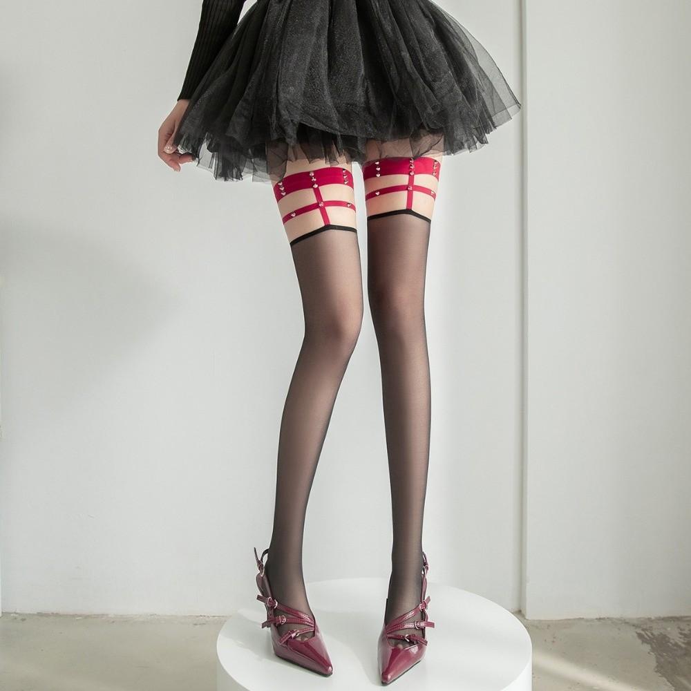 Breathable Garter Stockings Seamless Over Knee Socks Personalized Rivet Silk Stockings  Lolita
