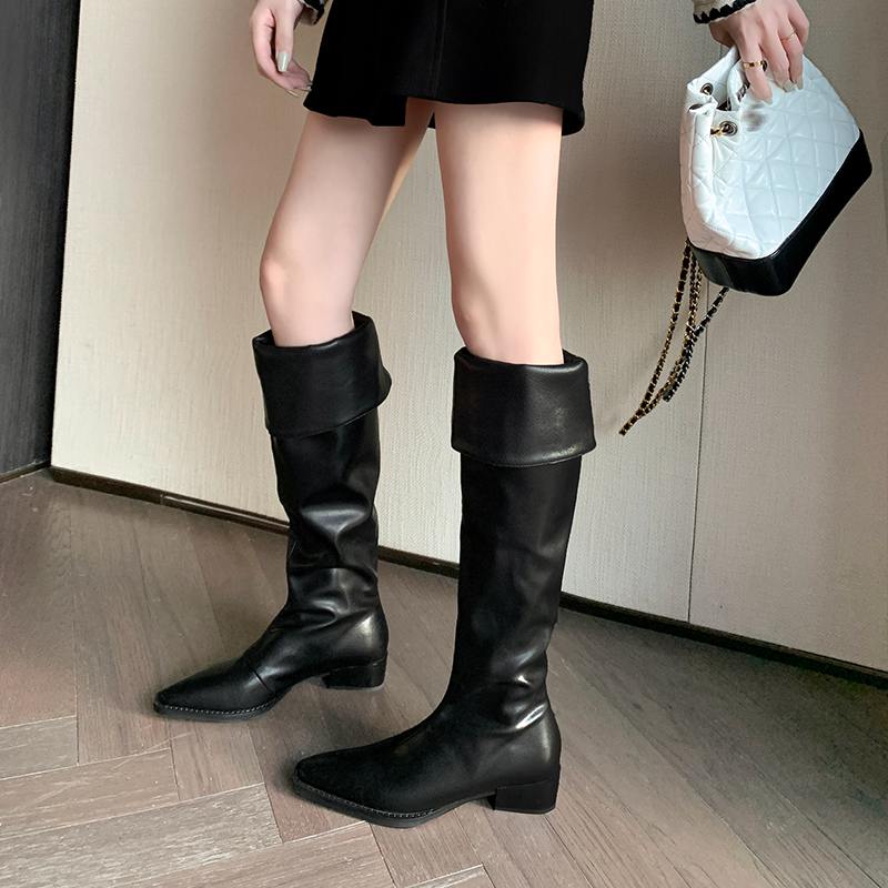 Krazing Pot Denim automne hiver chaussures bout rond épais talons moyens sans lacet plissé décoration bottes occidentales femmes cuissardes