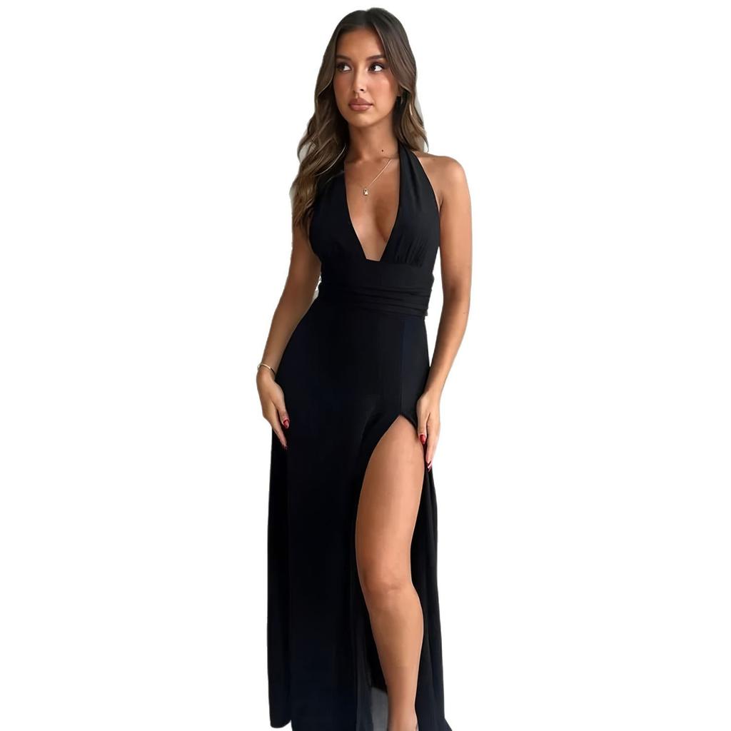 Europe, America 2025 Summer New Product Amazon Sexy Neck Deep V-neck Dress Sleeveless Backless Side Split Dress