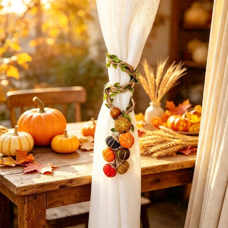 Harvest Curtain Holdback in Polyester with Pumpkin Charms for Window Panels, Door Curtains, and Seasonal Party Displays