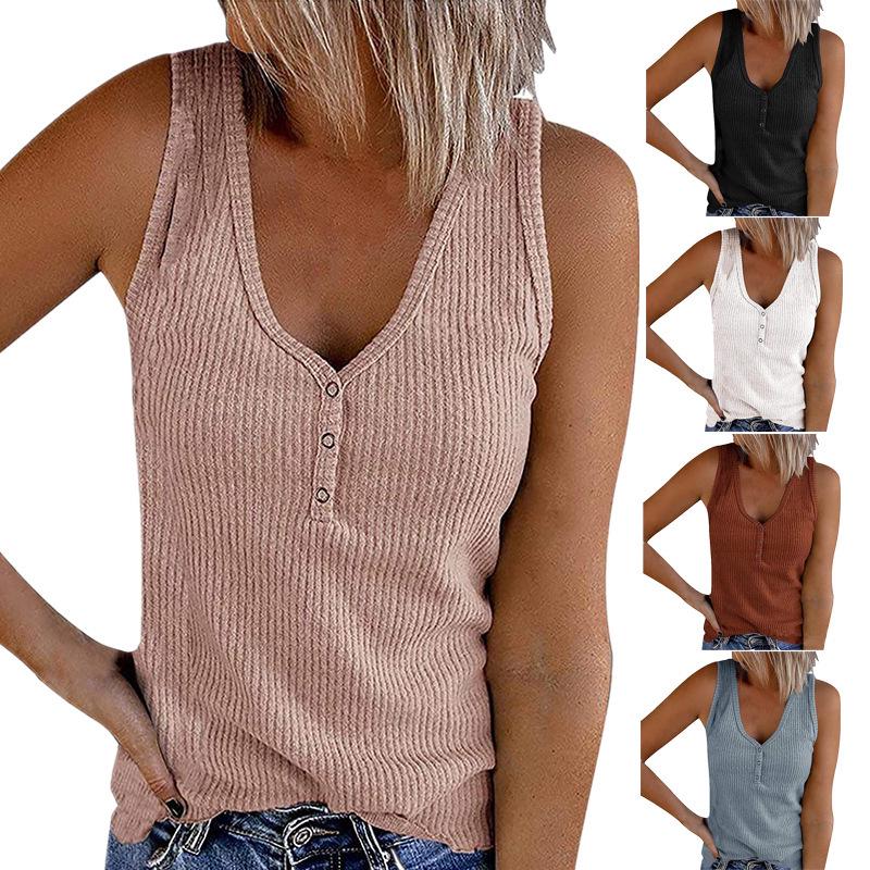 2023 Summer Women's Solid Color V-Neck Button Vest Sleeveless Top