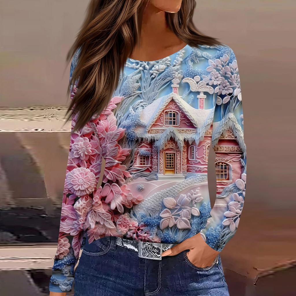 Women's Fashion Casual Slit Hem Round Neck Long Sleeve Loose Christmas Printed T-Shirt Ladies Top