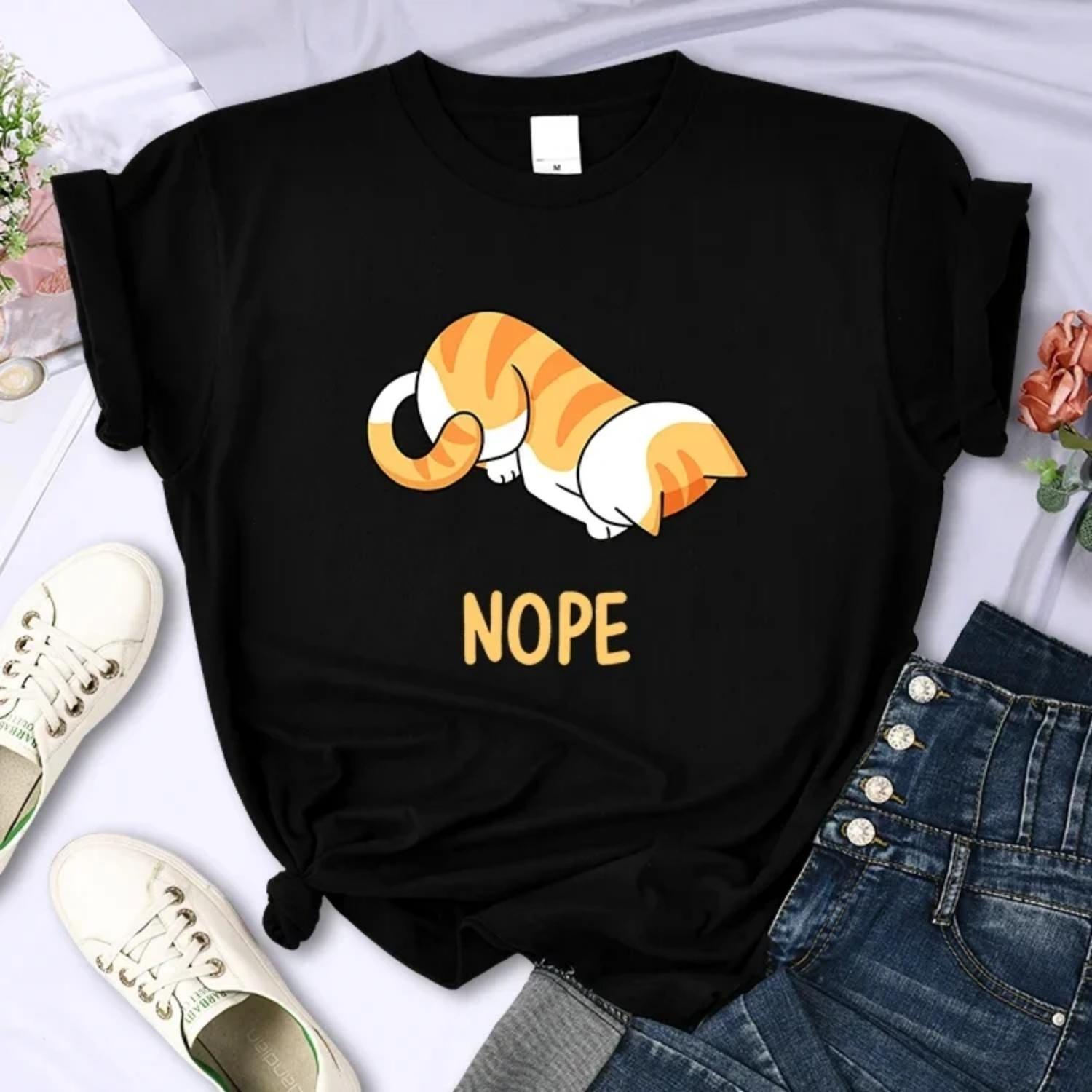 

The Little Orange Cat Bows His Head and Refuses Printed T-Shirts Funny Cartoons Short Sleeves Soft Summer T Shirt Female S чёрный