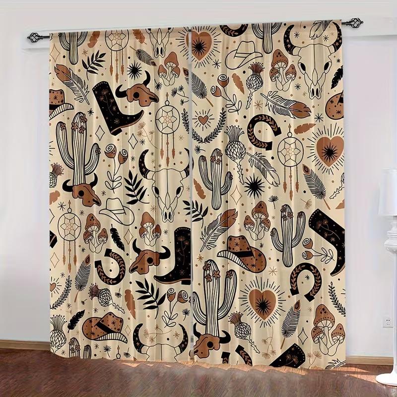 2 Pcs Western Cowboy Print Curta,Suitable For Bedroom,Living Room Kitchen Decoration,Home Decoration,Window Decoration 53x116CM-2PC